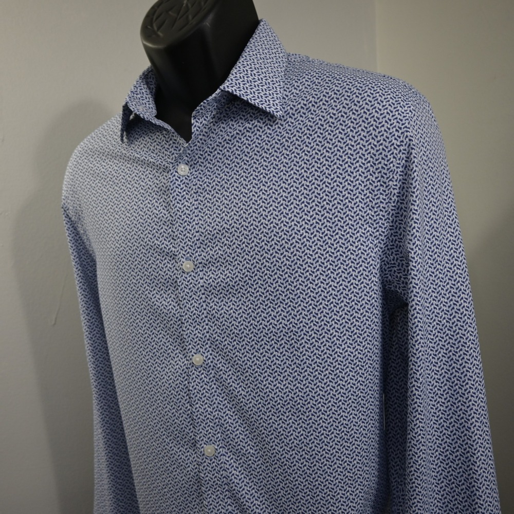 Express Slim Performance Button Up Mens M Slim Blue Geometric Stretch Shirt
